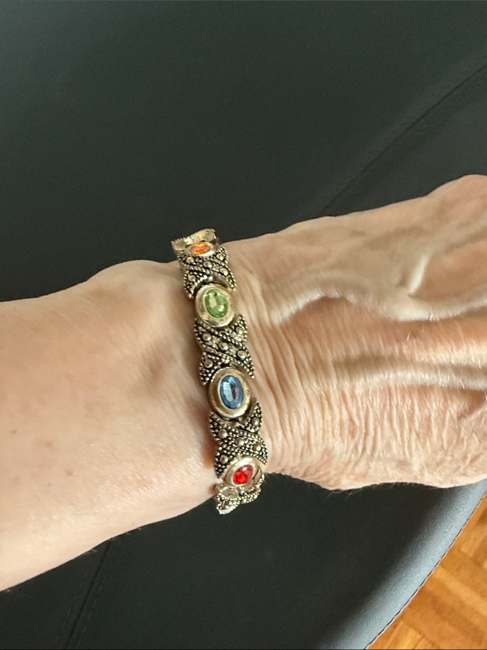 Silver Plated Multi color Gem Stone Bracelet with Crosshatch Spacers. Size 7.